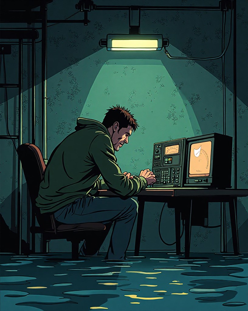An exhausted radio operator hunched over a set in a flooded bunker, sending a final message.