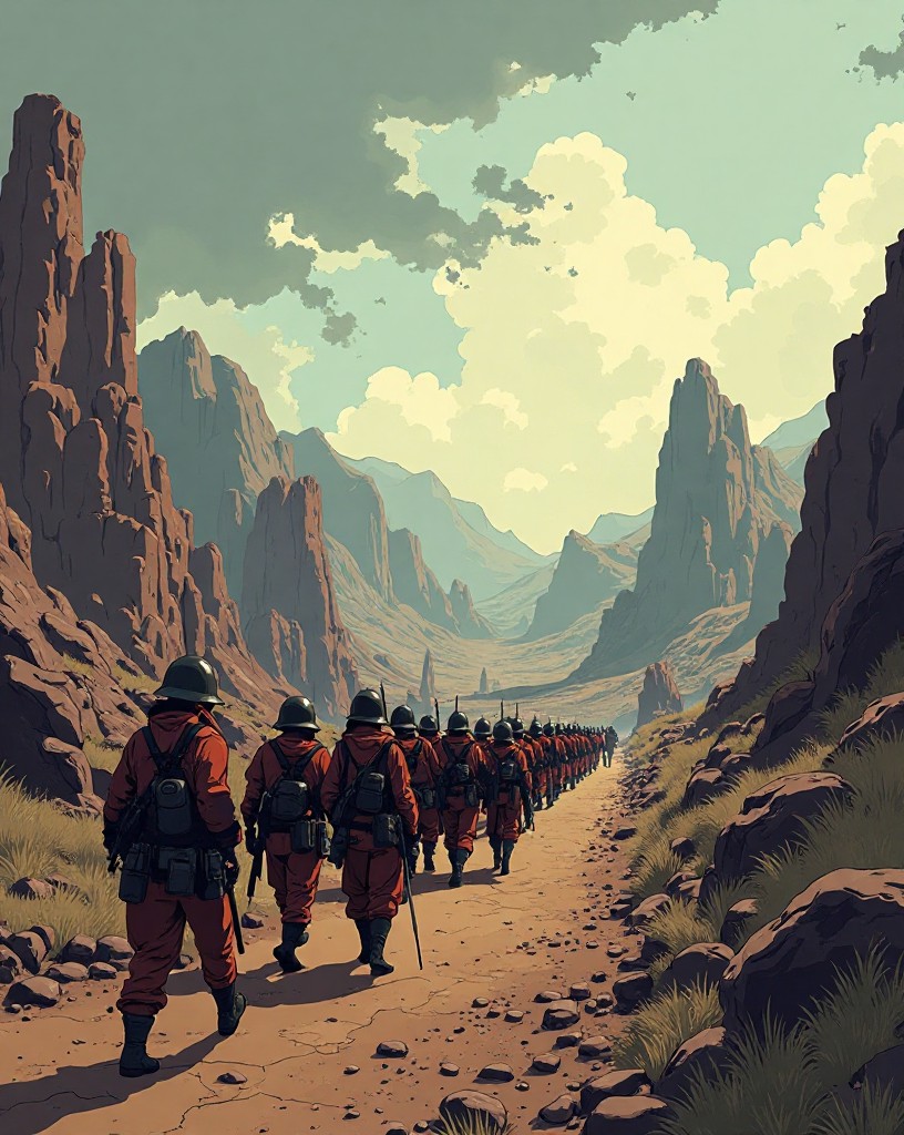 Long columns of captured soldiers marched away from a ruined valley base.