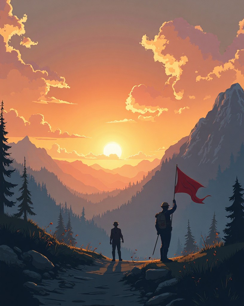 A quiet, mist-shrouded valley at dawn after the battle, a captured flag and silence.