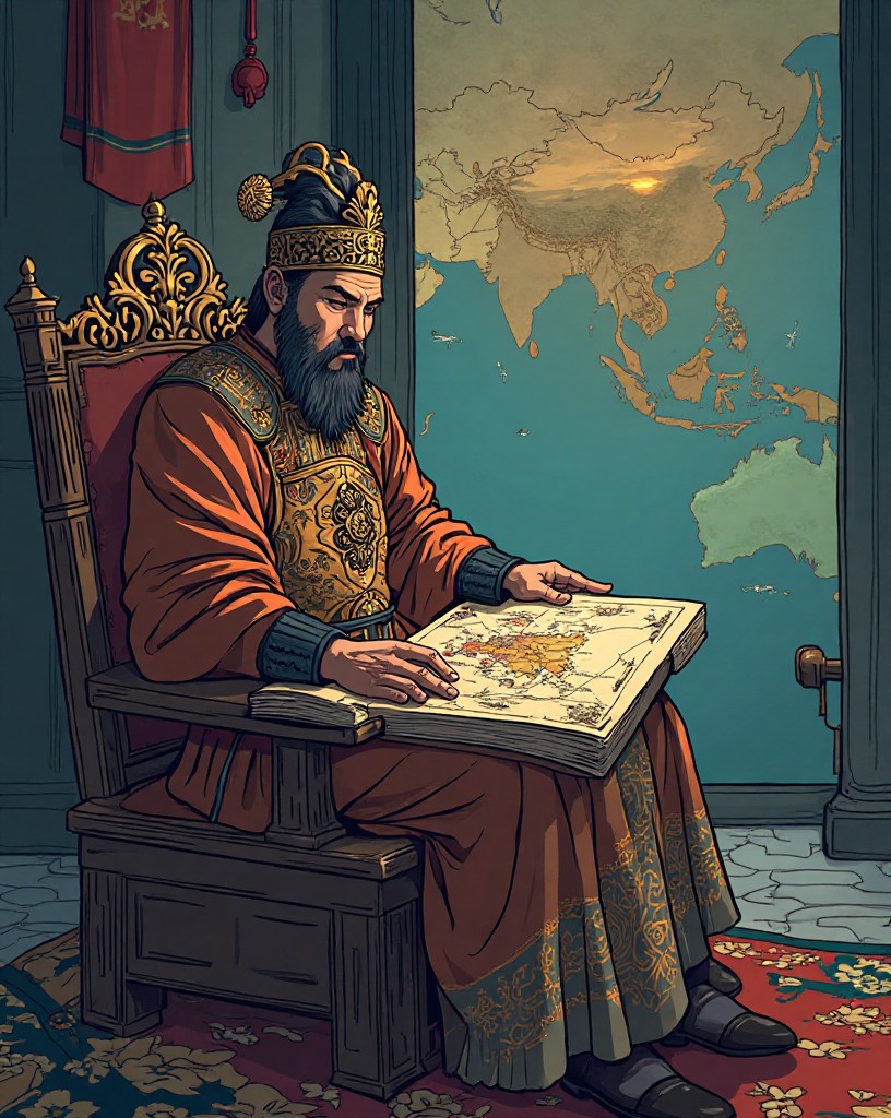 A Mongol emperor studying a map of the eastern seas from his throne.