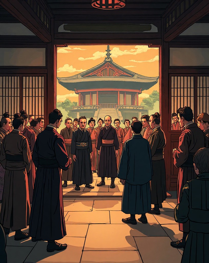 Japanese officials turning away foreign envoys at a formal hall.