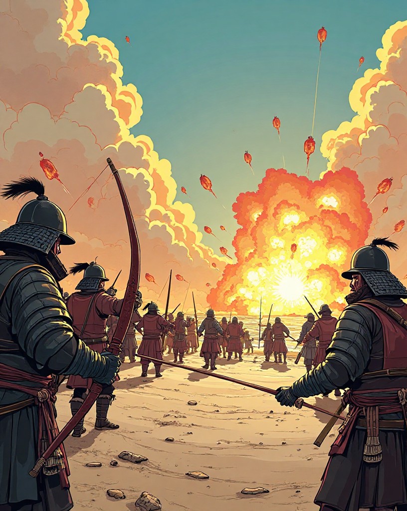 Mongol soldiers landing in formation with archers and exploding bombs.