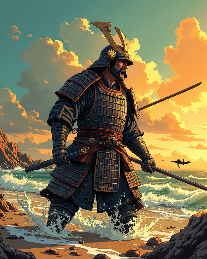 A samurai shouting an order on a chaotic beach under a hail of arrows.