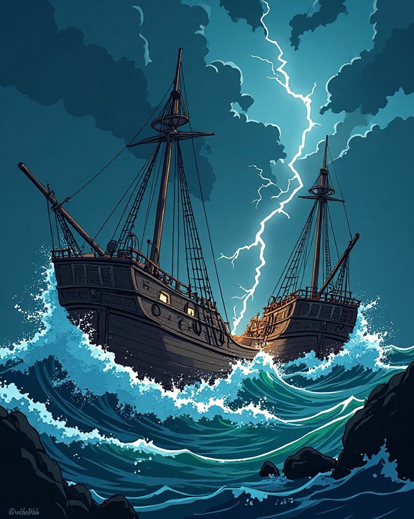 Storm-lashed ships breaking apart in a dark bay at night.