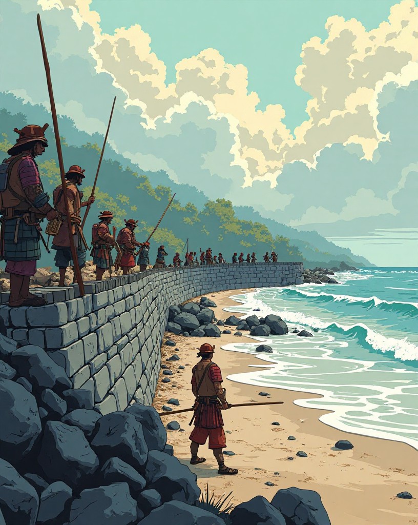 Workers and samurai building a long stone wall along the beach.