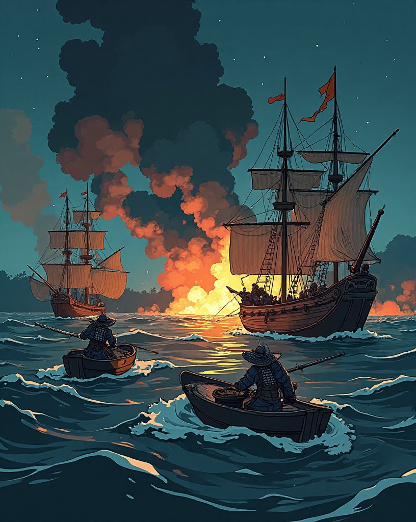 Samurai in small boats boarding and burning anchored warships at night.