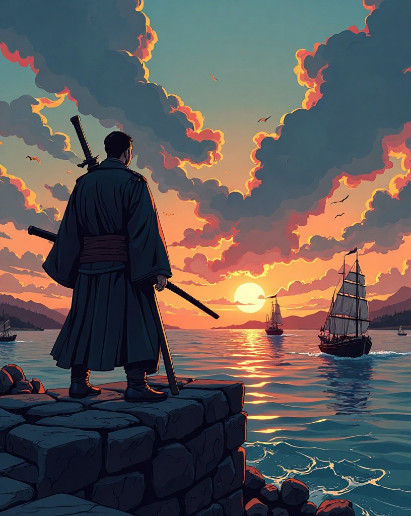 A commander on the stone wall directing raiding boats at dusk.