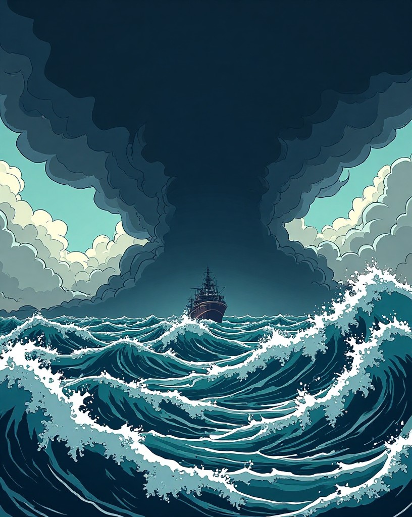 A towering typhoon sky descending on the packed armada.