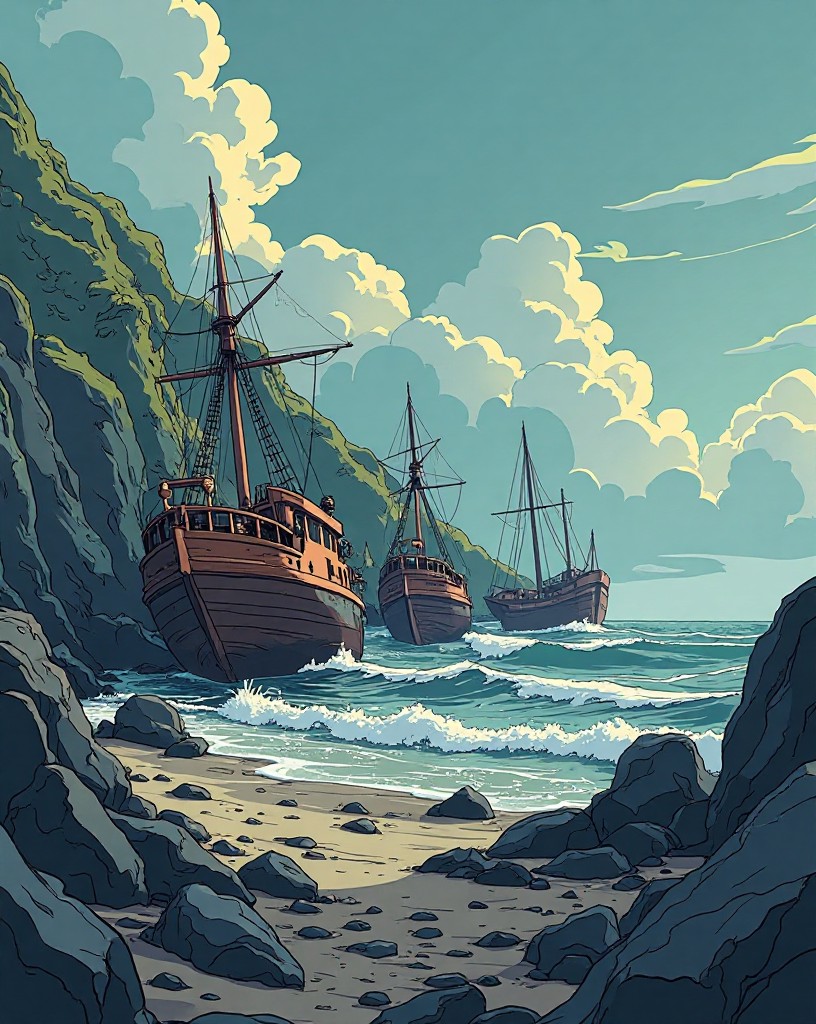 Wrecked ships piled on a rocky shore after the storm.