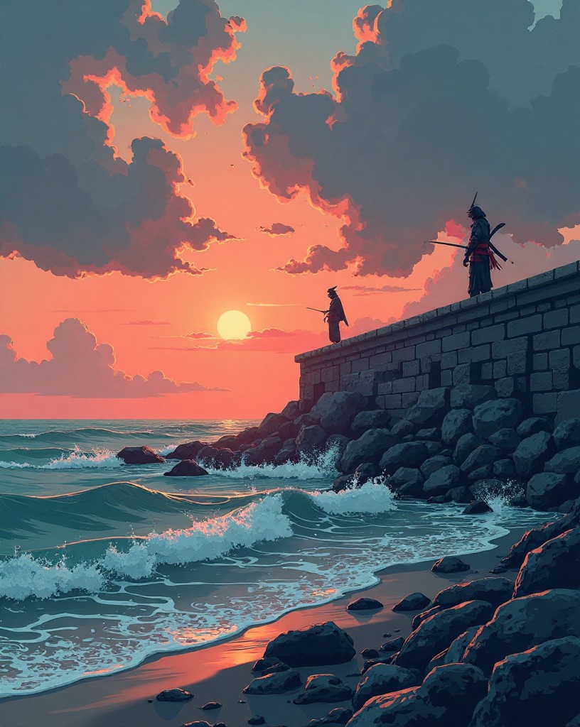 Calm sea at dawn after the storm, the stone wall intact, a lone samurai looking out.