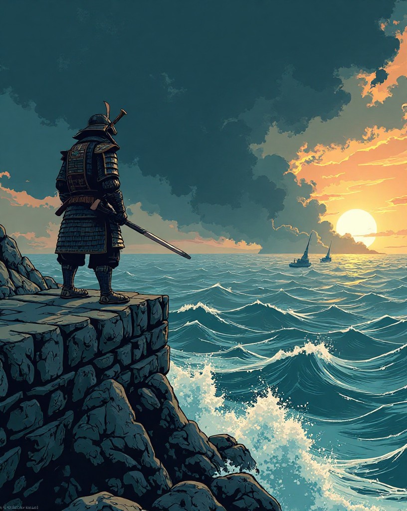 Samurai on a stone sea wall watching a vast armada as a typhoon sky gathers, cel-shaded comic art.