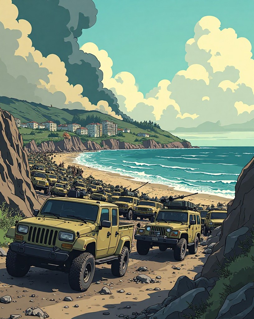 Exhausted soldiers and abandoned vehicles crowding toward a coastal town by the sea.