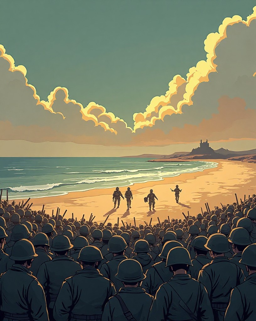 A vast crowd of soldiers spread across a wide open beach under a smoky sky.