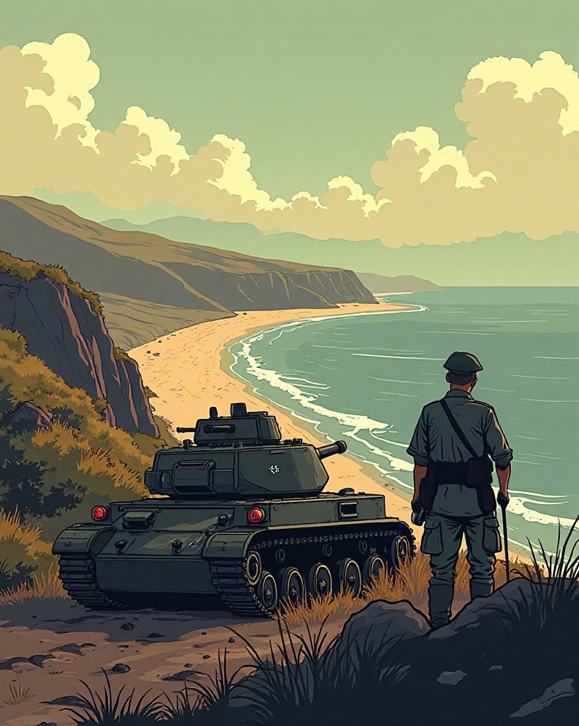 German tanks halted on a ridge overlooking distant beaches, an unexpected pause.