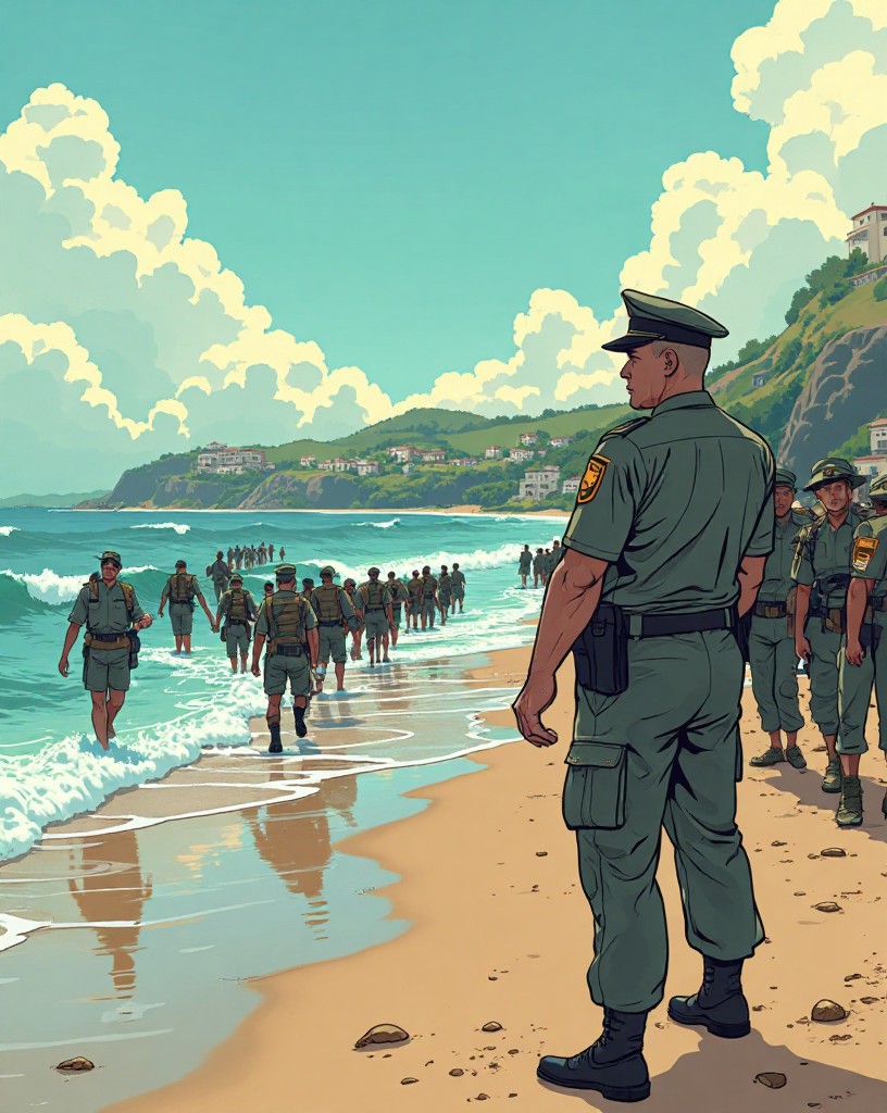 An officer steadying long queues of soldiers stretching into the surf.