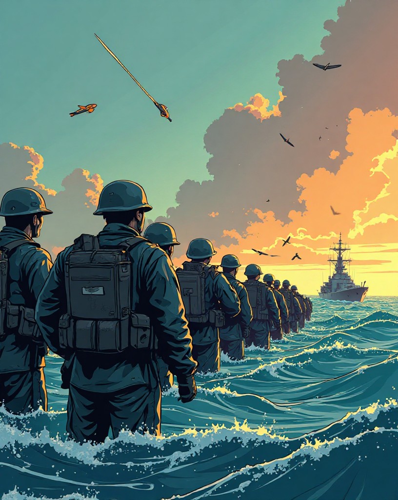Soldiers queued waist-deep in the sea as bombs throw up water and a destroyer waits.