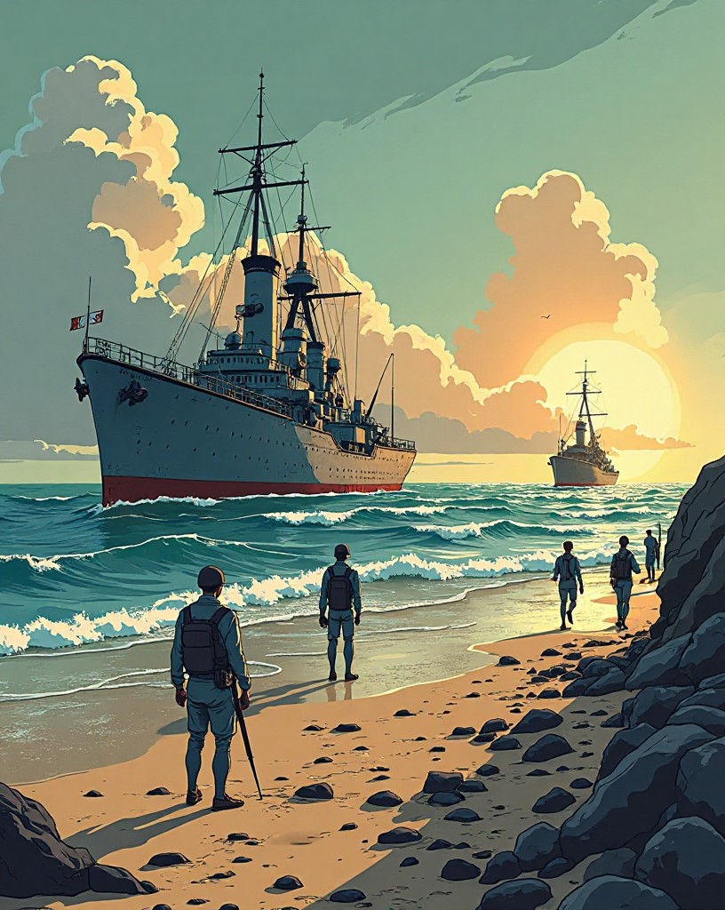 Large warships stranded offshore, unable to approach a long flat beach of waiting men.
