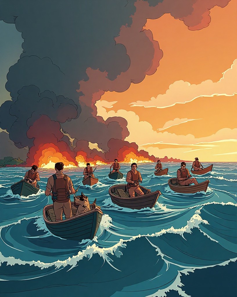 A ragtag flotilla of small civilian boats crossing a choppy channel toward a smoky shore.