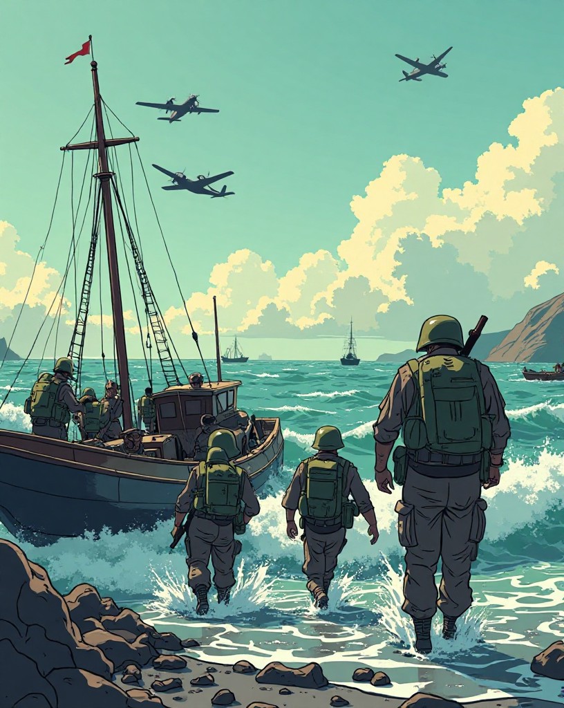 Soldiers wading out to clamber aboard small boats in the surf as planes streak overhead.