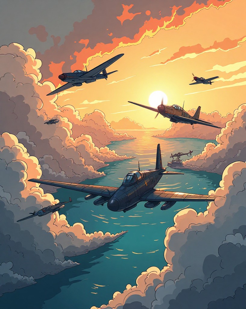 Fighter planes dogfighting high above clouds over the Channel, the beaches far below.