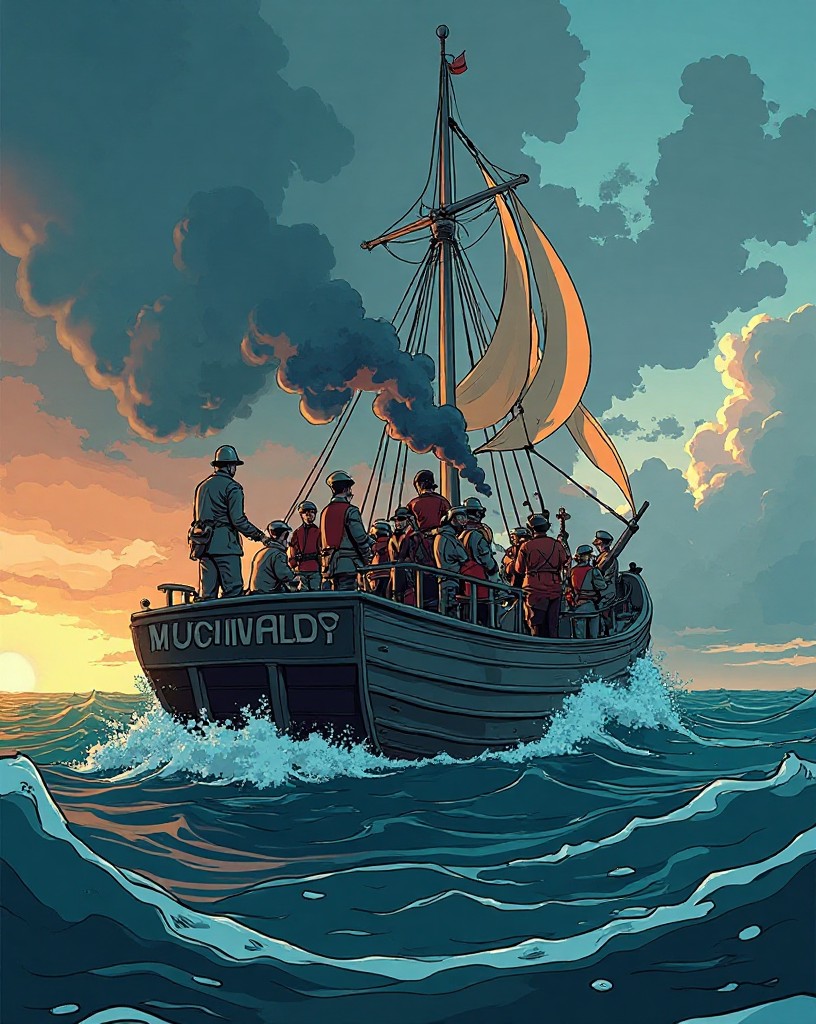 A crowded little ship packed with rescued soldiers steaming toward the English coast.