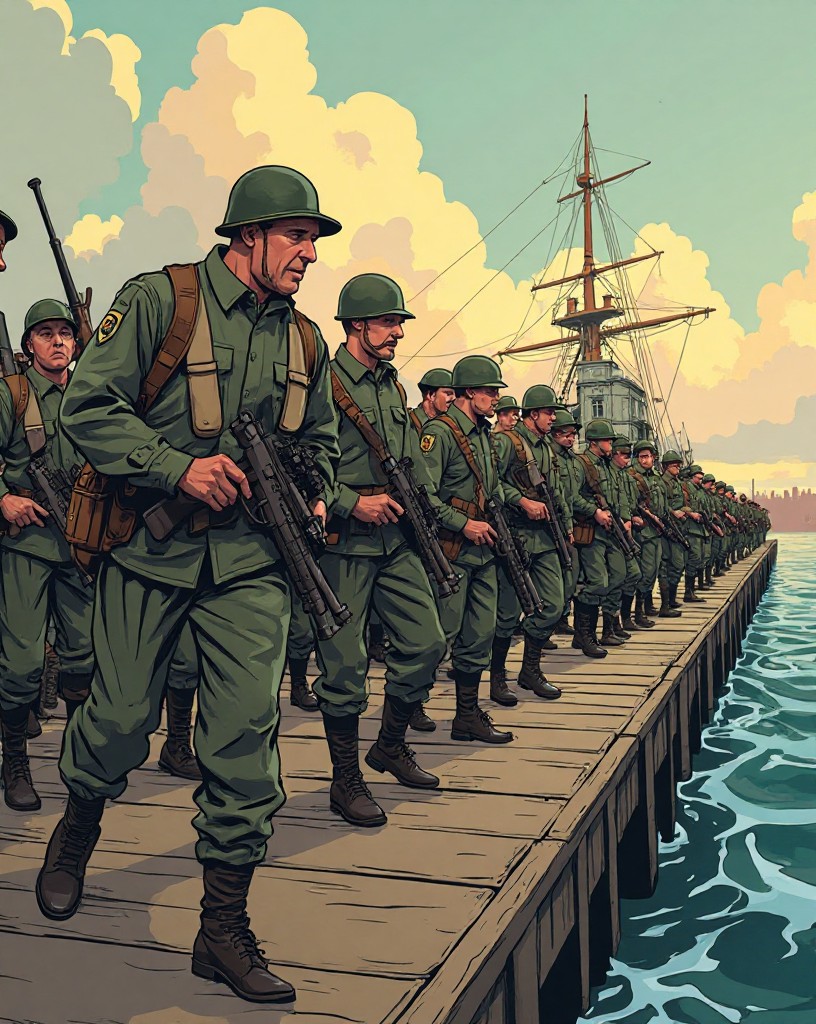 Weary but safe soldiers stepping ashore onto an English dock to crowds and tea.