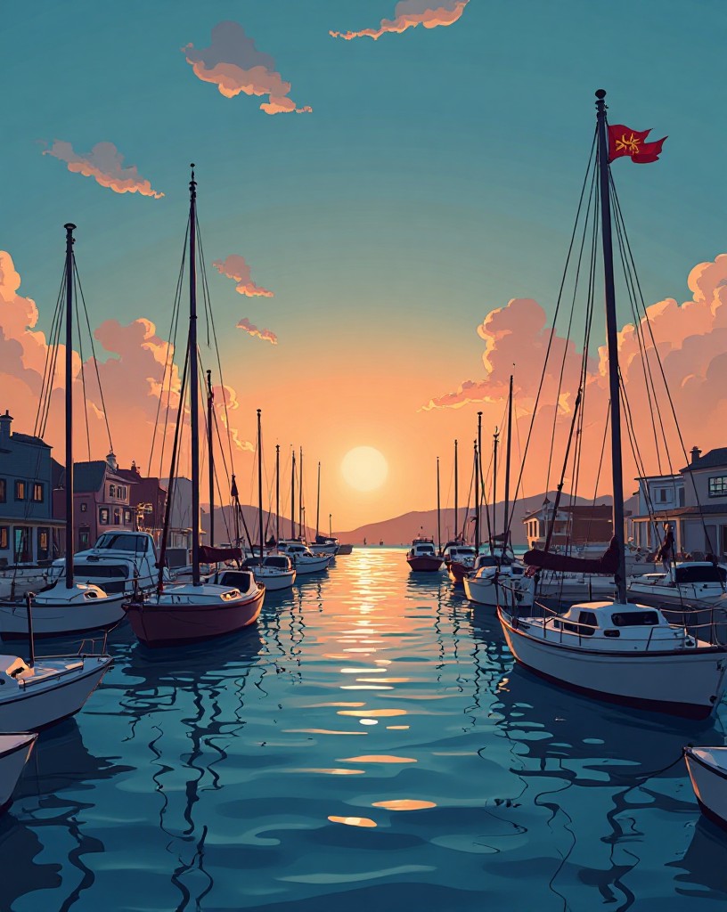 A quiet evening harbor full of returned little boats under a calm sky, a flag flying.