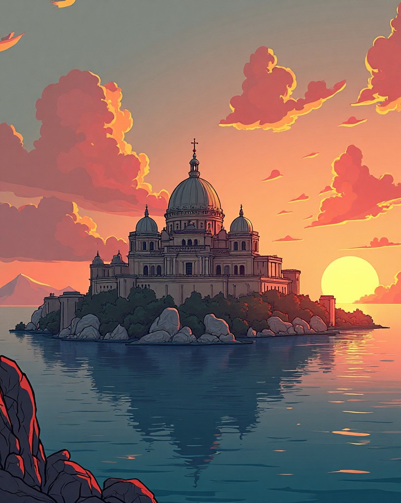 A grand domed city on a peninsula ringed by enormous triple walls at dawn.