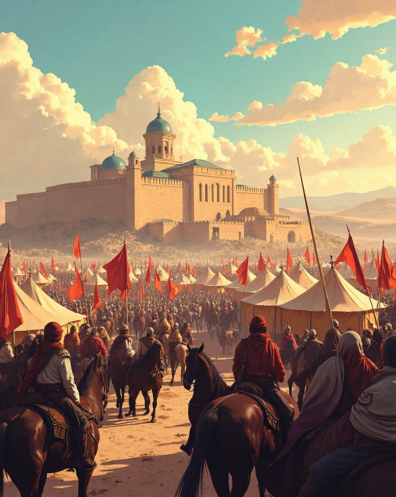A vast Ottoman army of tents and banners covering the plain before a walled city.
