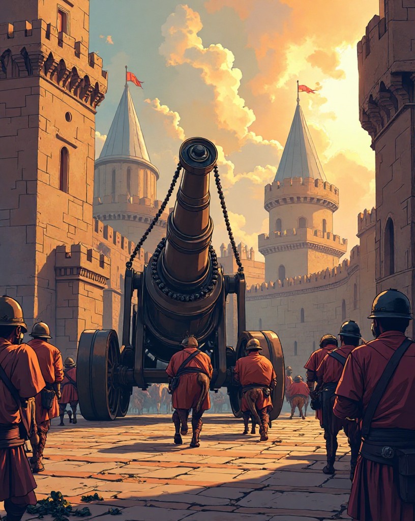 An enormous bronze bombard cannon positioned by oxen before towering walls.