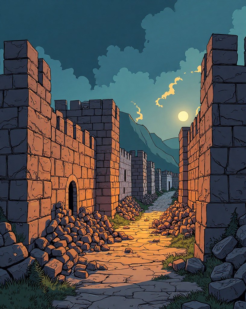 Stone walls crumbling under cannon fire as townsfolk pile rubble to mend them.