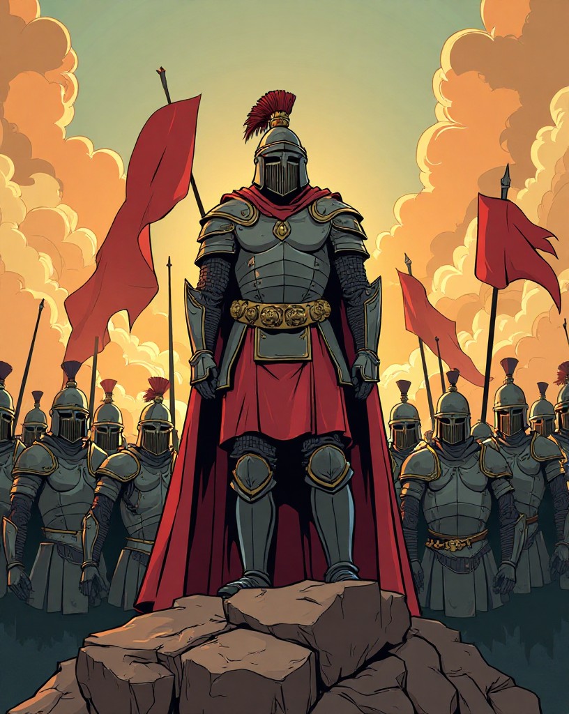 An emperor in armor standing among soldiers on a battered rampart.