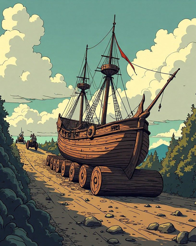 Wooden warships dragged overland on log rollers over a hill by ropes and men.