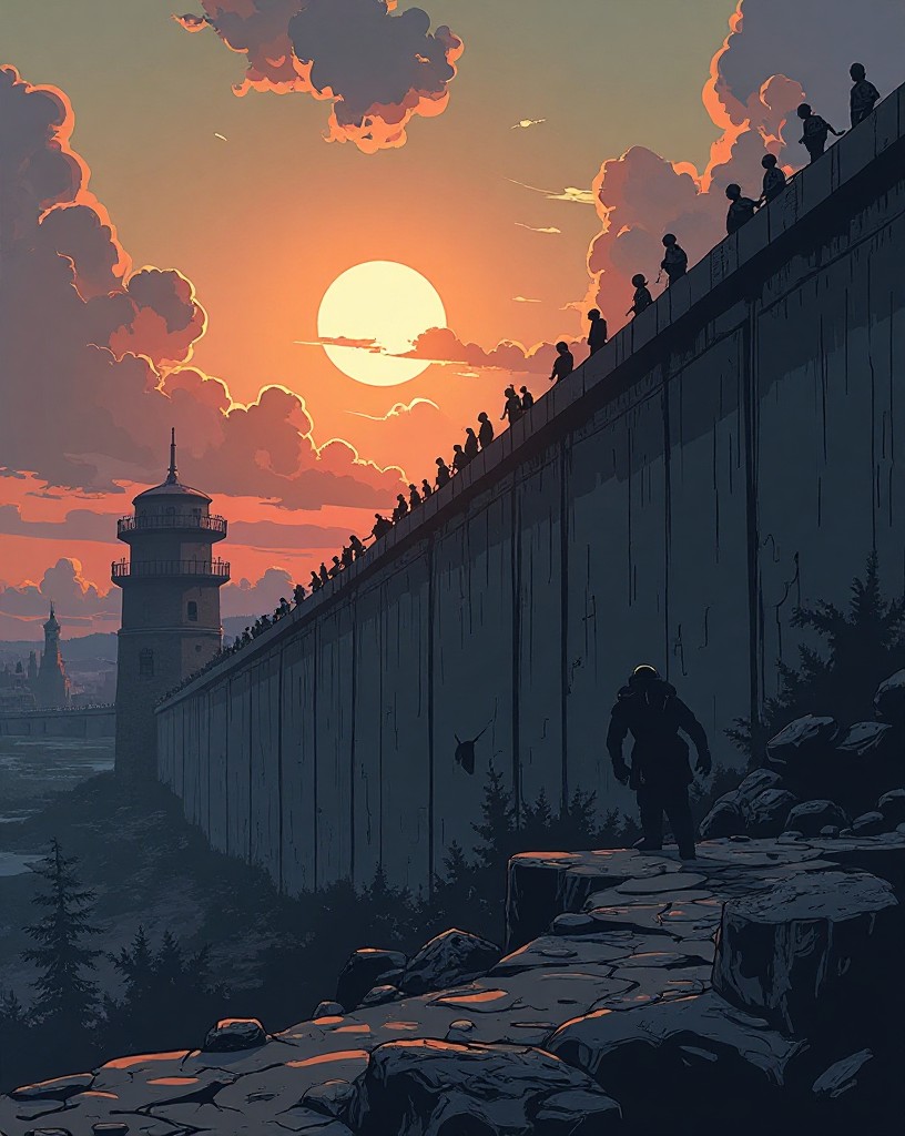 A thin line of weary defenders spread along a vast length of battered wall at dusk.