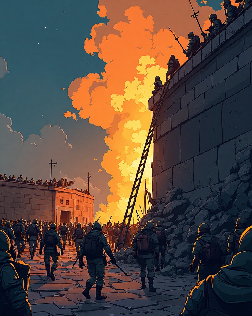 Massed attackers with ladders surging against a breached wall by torchlight.