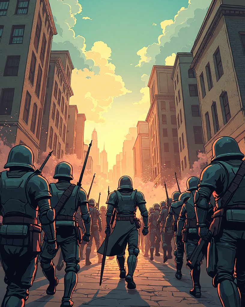 Soldiers flooding through a breach as a lone armored figure charges into the melee.