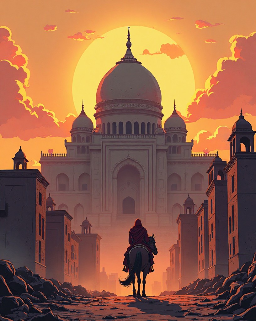 A victorious sultan riding toward a vast domed cathedral through a fallen city.