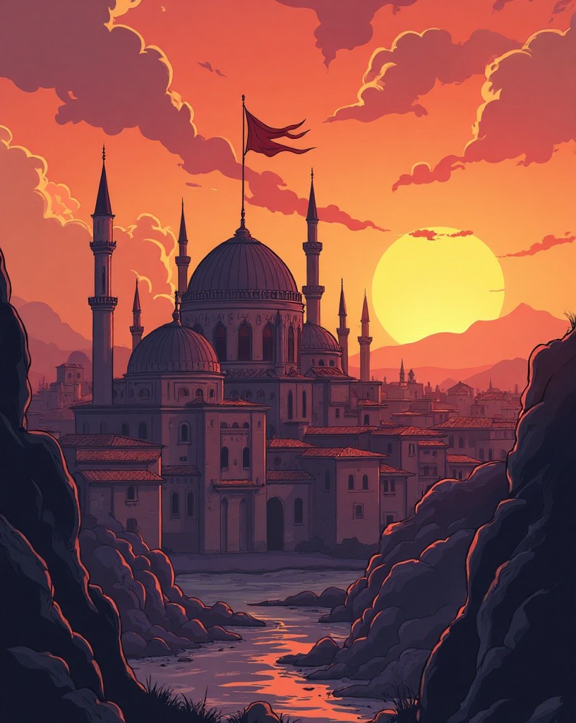 The great domed city at sunset under a new banner, the breached walls below.