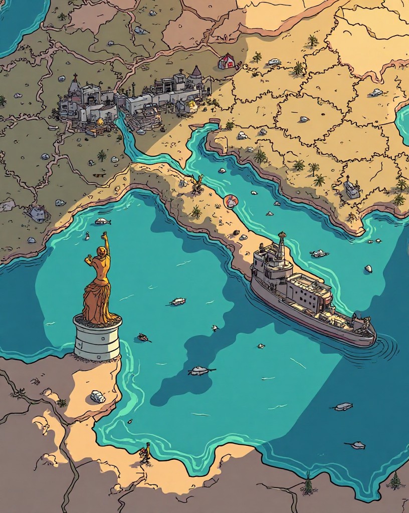 A war map with an arrow thrusting toward a narrow strait and a distant city.