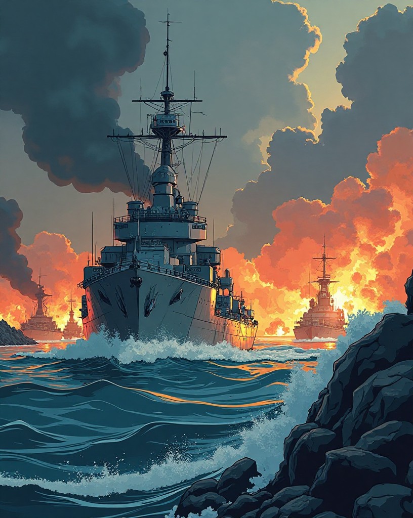 Battleships in a narrow strait amid mine explosions and shore gunfire.