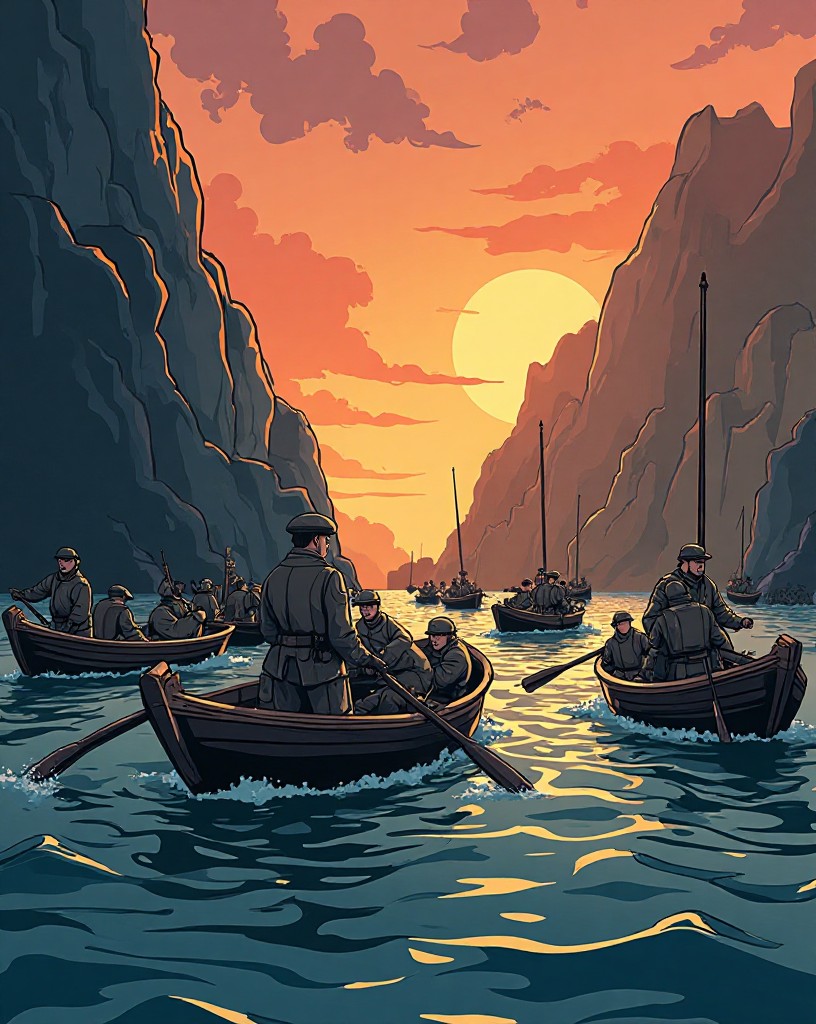 Rowing boats packed with soldiers approaching a steep coastline at dawn under fire.