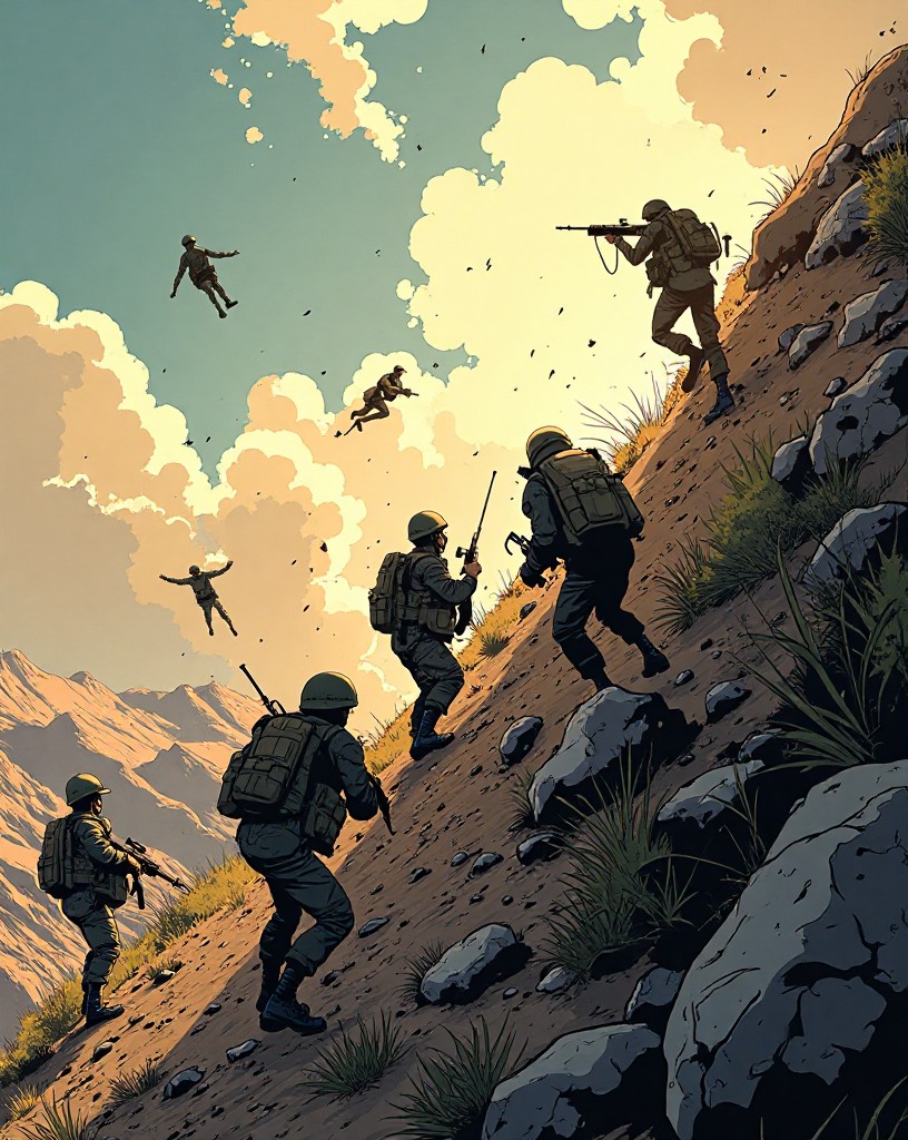 Soldiers scrambling up a near-vertical scrubby slope under fire from above.