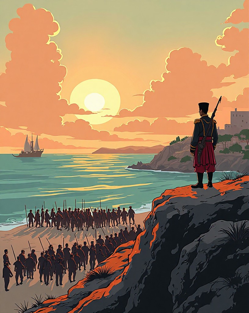 An Ottoman officer on a ridge directing soldiers into positions over a beach.