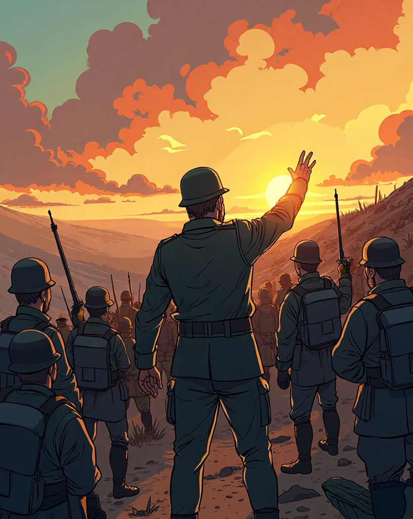 A commander rallying soldiers in a hilltop trench with grim conviction.