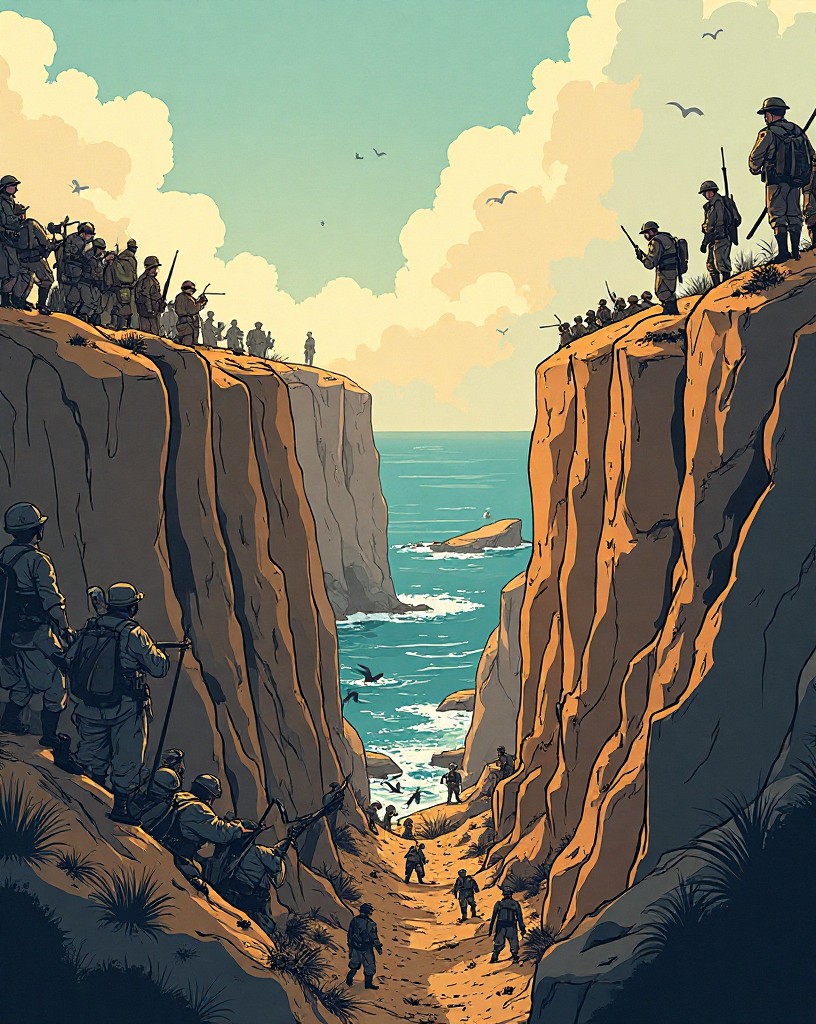 Cramped trenches cut into dusty cliffs above a blue sea, soldiers crowded in the heat.