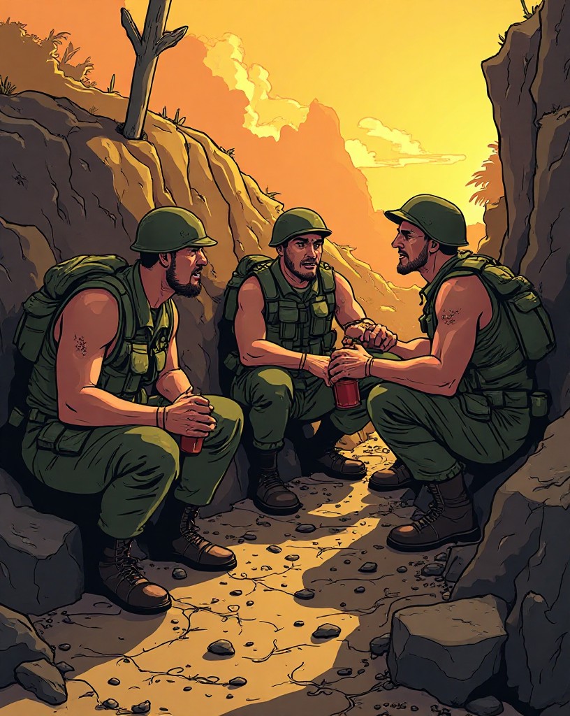 Exhausted, sunburnt soldiers in a baking trench, a sick man slumped nearby.