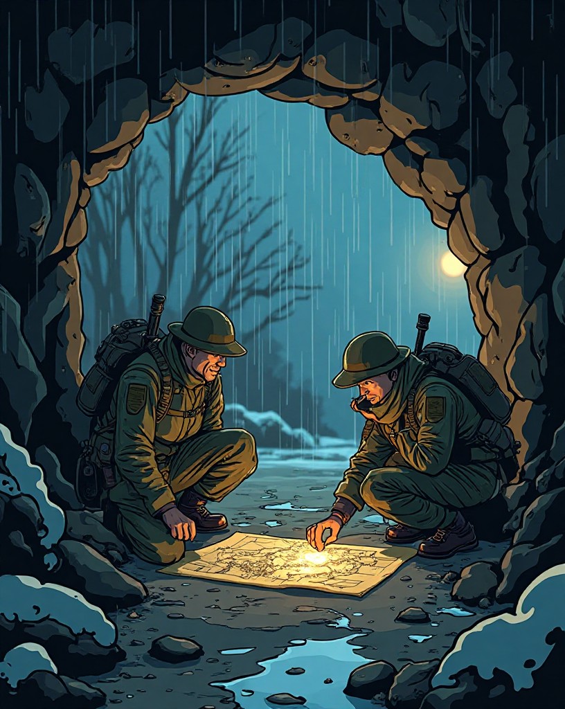Officers studying a map gravely in a dugout as winter rain falls outside.