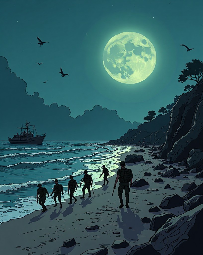 Soldiers quietly filing down to boats on a moonlit beach, empty trenches above.