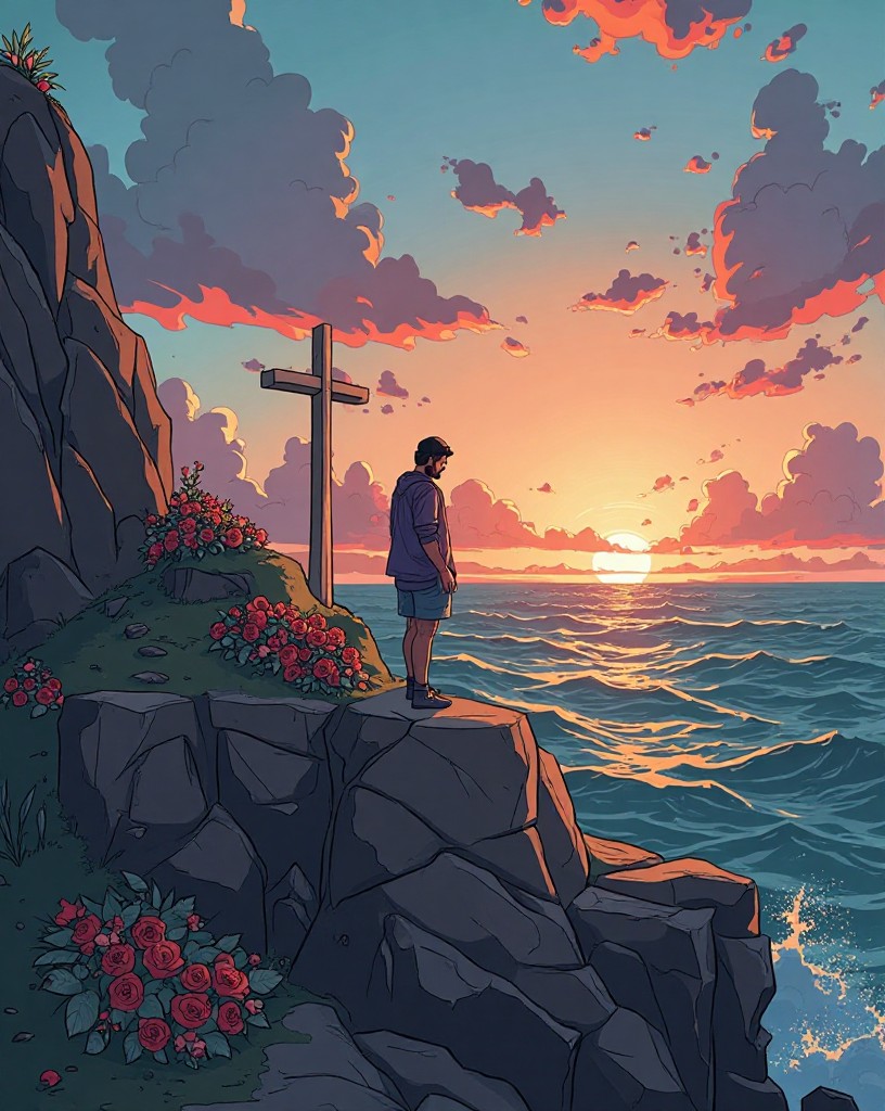 A quiet memorial on a windswept cliff above the sea at dawn.