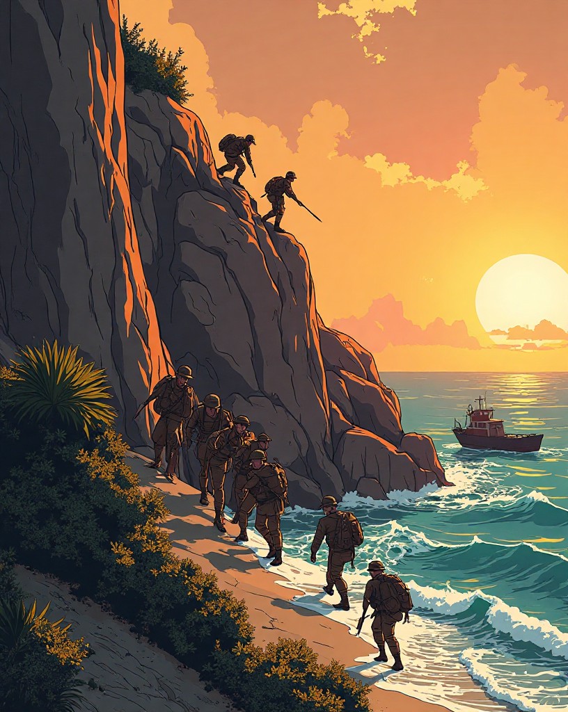 ANZAC soldiers scrambling up steep cliffs from a beach under fire at dawn, cel-shaded comic art.